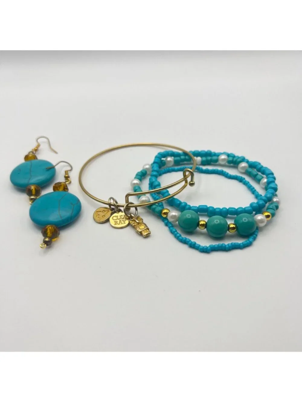 Boho Bracelet Stack Clea Ray Owl Turquoise Howlite Glass Bead Earrings Gold Tone - Picture 3 of 10